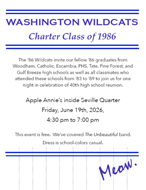 Washington High School announcement: June 19th, 2026, at Apple Annie's inside Seville Quarter, fellow '86 graduates from all high schools from 1983 to 1989.
