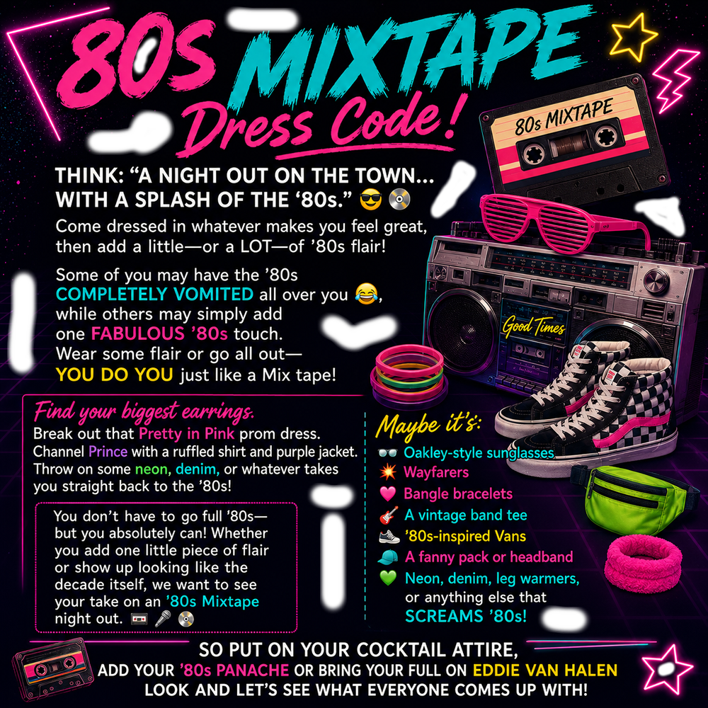 A black and neon graphic describing our reunion theme is a mix of 1986.