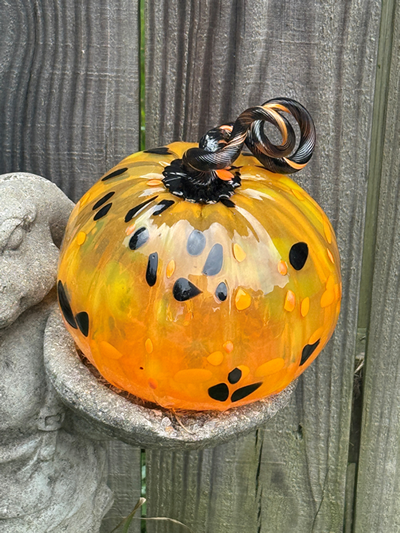 Glass pumpkin art in orange and black - angle 1.