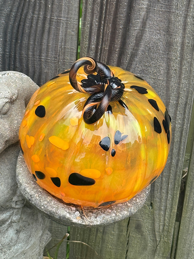 Glass pumpkin art in orange and black - angle 2.