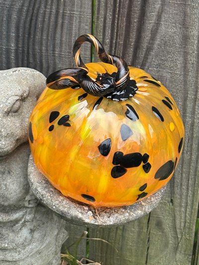 Glass pumpkin art in orange and black - angle 3.