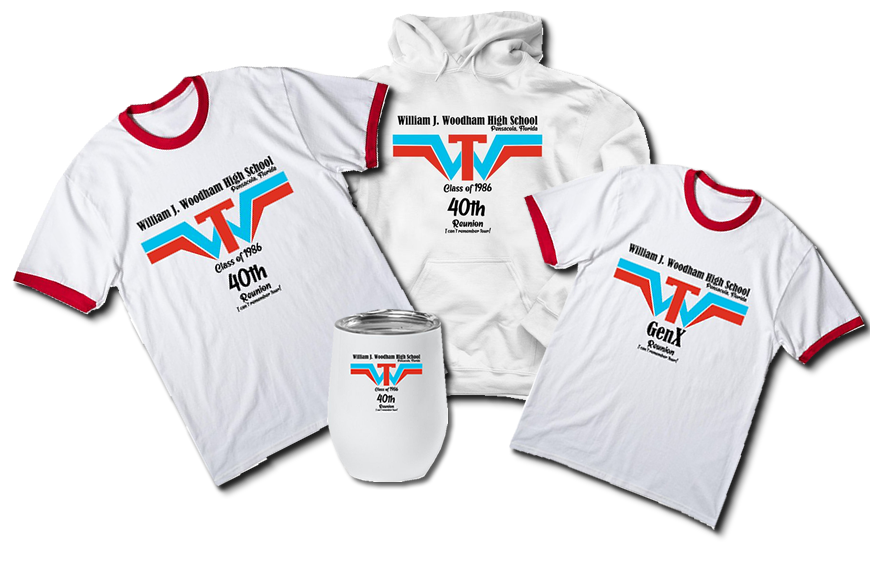 Three examples of t-shirts available with the Woodham HS logo, and a tumbler.
